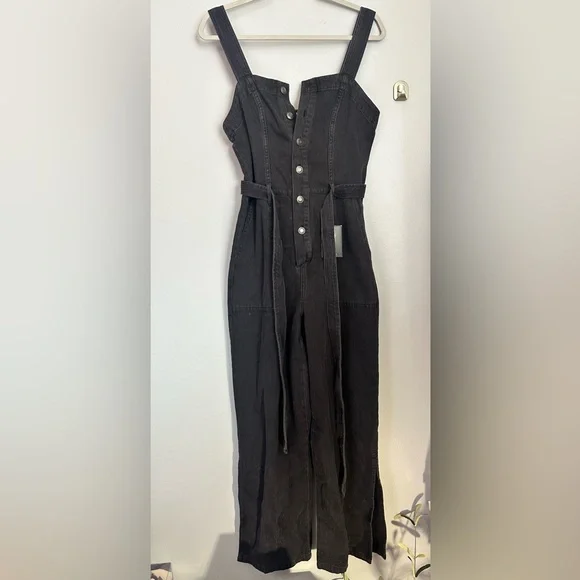 OAT aged Black Volcano Denim Overalls Wide Crop Artsy Boho Size 2 NWT - Picture 2 of 6